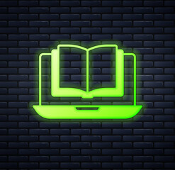Glowing neon Online class icon isolated on brick wall background. Online education concept. Vector