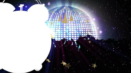 Animation of alarm clock over disco ball and silhouette of people dancing with snowfall and stars - Powered by Adobe