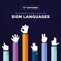 Fototapeta premium International day of sign language awareness. Modern social media sign language post. world sign language day. Vector illustration. Sign languages celebration. Week of the deaf. Poster. Love. Hand.