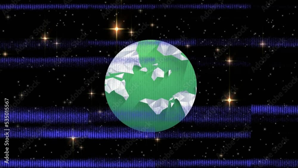 Sticker animation of multicolored glitch technique and globe and illuminated stars in space