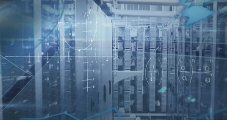 Animation of mathematical equations and diagrams with lens flare over server room - Powered by Adobe