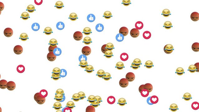 Animation of emoticons and social media reactions moving over white background