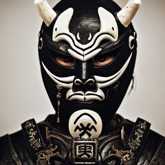 Oni Samurai Mask. Japanese Bushido Art. Black on White. Oni are yōkai, supernatural ogre, trolls in Japanese folklore.