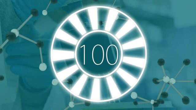 Animation of 100 in rotating circle, falling nucleotides over cropped hands filling test tubes