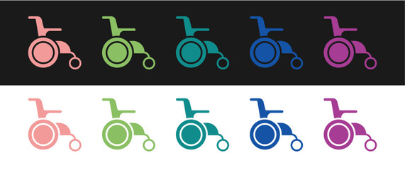Set Wheelchair for disabled person icon isolated on black and white background. Vector
