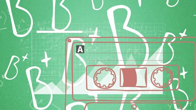 Animation of tape icon over grades and mathematical equations on green background - Powered by Adobe