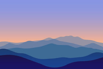 jpeg illustration jpg of beautiful scenery mountains in dark blue gradient color. View of a mountains range. Landscape during sunset at the summer time. Foggy hills in the mountains ragion.
