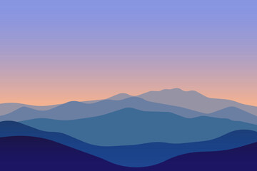 Fototapeta na wymiar jpeg illustration jpg of beautiful scenery mountains in dark blue gradient color. View of a mountains range. Landscape during sunset at the summer time. Foggy hills in the mountains ragion. 