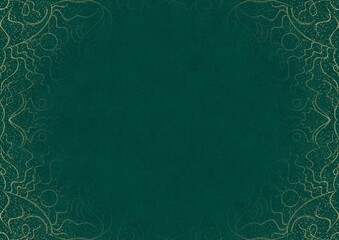 Dark cold green textured paper with vignette of golden hand-drawn pattern with golden glitter splatter. Copy space. Digital artwork, A4. (pattern: p07-1a)