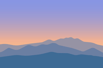 jpeg illustration jpg of beautiful scenery mountains in dark blue gradient color. View of a mountains range. Landscape during sunset at the summer time. Foggy hills in the mountains ragion.
