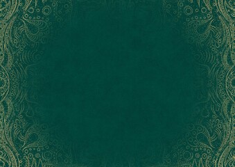 Dark cold green textured paper with vignette of golden hand-drawn pattern with golden glitter splatter. Copy space. Digital artwork, A4. (pattern: p09a)