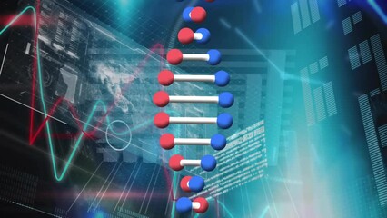 Animation of dna, financial graphs and data over data processing on digital screen - Powered by Adobe