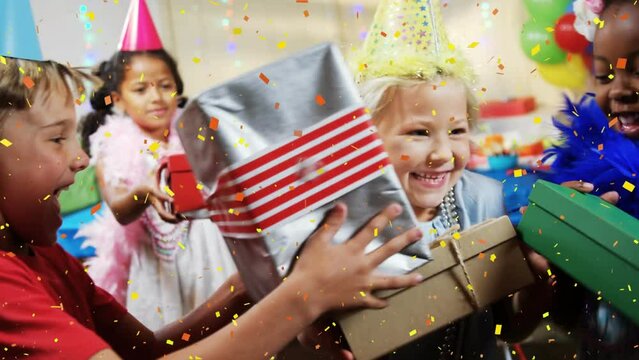 Animation of confetti falling over diverse children having a party