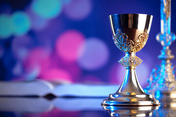 Catholic religion concept. Catholic symbols composition. The Cross, monstrance,  Holy Bible and...