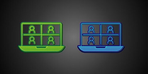 Fototapeta premium Green and blue Video chat conference icon isolated on black background. Online meeting work form home. Remote project management. Vector