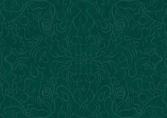 Hand-drawn unique abstract symmetrical seamless ornament. Bright semi transparent green on a deep cold green background. Paper texture. Digital artwork, A4. (pattern: p07-1a)