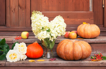 White hydrangea flowers, white roses, apples and pumpkins on steps of rustic wooden ladder.