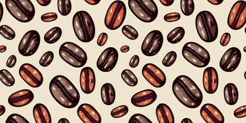 Roasted beans vector pattern. Coffee beans background. Graphic banner. Colorful vintage backdrop. Coffee, mocha drink illustration. Grain elements. Digital art. Hot drink illustration.