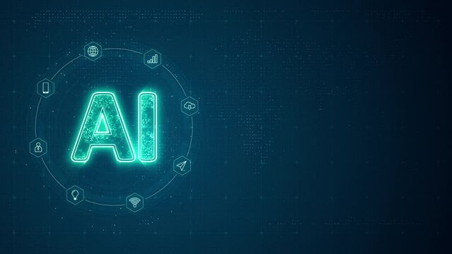 Motion graphic of Blue digital AI LOGO with line connection and data transfer to futuristic icon technology on abstract background concept