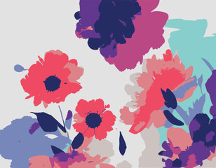 Colorful flowers vector illustration. Floral background. Nature watercolor painting. Graphic vintage plant with leaves and petals. Luxury bouquet drawing. Blossom card decoration.