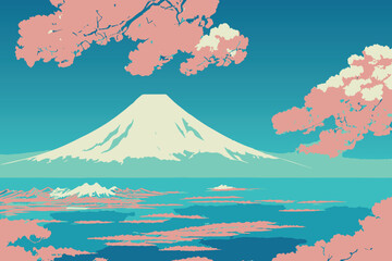 Japan mount fuji vector illustration. Digital landscape. Landmark of japan. Sakura, cherry trees. Beautiful nature travel destination. Vector background. Illustration of a mountain. Minimal flat view.
