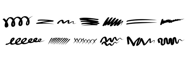 Hand drawn marker line stroke set. Highlight underline and strike through set. Pen line template. Vector illustration isolated on white background.