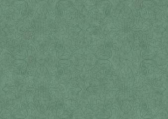 Hand-drawn unique abstract symmetrical seamless ornament. Dark semi transparent green on a light cold green background color. Paper texture. A4. (pattern: p07-1b)