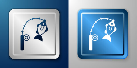 White Fishing rod and fish icon isolated on blue and grey background. Fishing equipment and fish farming topics. Silver and blue square button. Vector