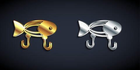 Gold and silver Fishing lure icon isolated on black background. Fishing tackle. Long shadow style. Vector