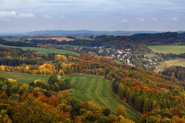 Fototapeta na wymiar View of a village in the countryside in autumn near Saxon Switzerland Mountains. Dresden. Germany. 