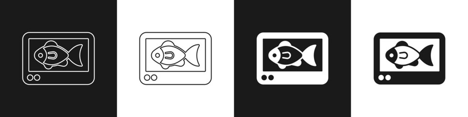 Set Fish finder echo sounder icon isolated on black and white background. Electronic equipment for fishing. Vector