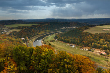 View of a village in the countryside in autumn near  Saxon Switzerland Mountains. Valley of river Elbe. Dresden. Germany.