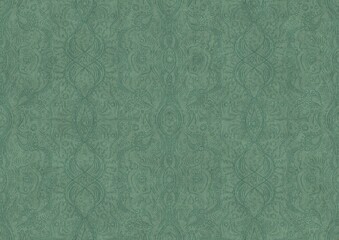 Hand-drawn unique abstract symmetrical seamless ornament. Dark semi transparent green on a light cold green background color. Paper texture. A4. (pattern: p09b)