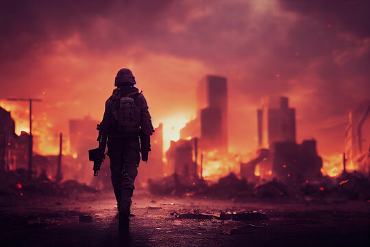 Lone Soldier Walking In Destroyed City