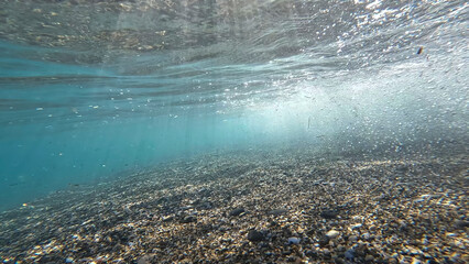 Natural rays of light make their way under the water column. Underwater photography. Shallow depth of field. 