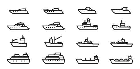 ship and boat line icon set. water transport symbol. vessels for sea travel and transportation - obrazy, fototapety, plakaty