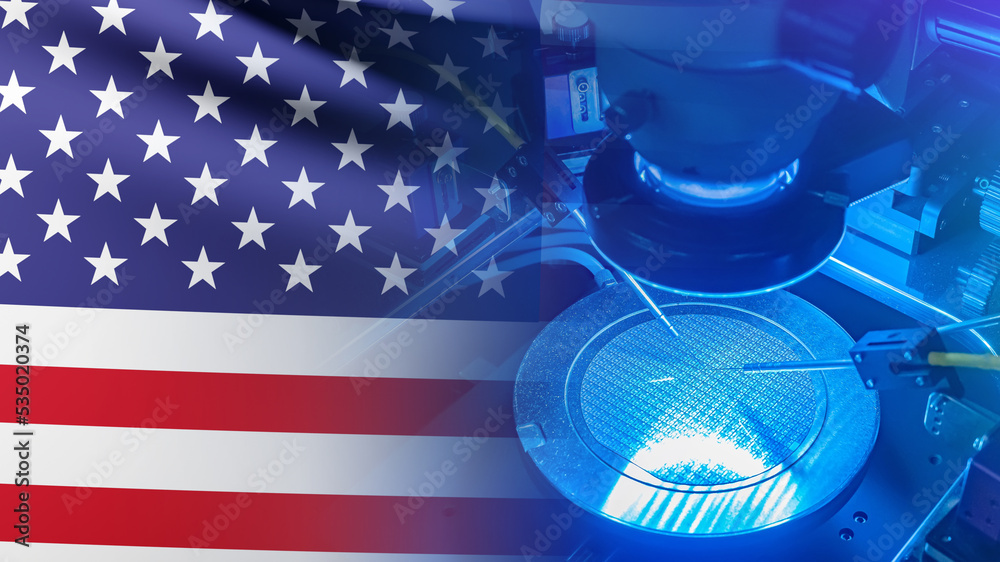 Poster microelectronics us. production of computer boards in united states. us flag and microelectronics ma