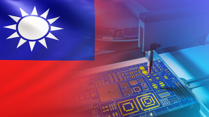 Manufacture electronic chips. Taiwan flag in front production equipment. Manufacture electronic components in factory. Chip manufacturing plant in Taiwan. Concept buying types from Taiwan. 3d image