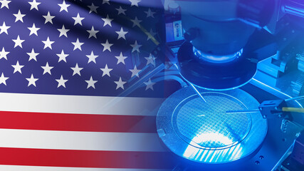 Microelectronics US. Production of computer boards in United States. US flag and microelectronics manufacturing. PCB modern industry. Microelectronics in US. Production of microprocessors. 3d image