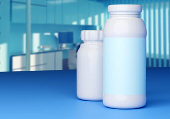 White bottles without inscriptions. Container for vitamin or probiotics. Plastic container for probiotics. Bottles on table in clinic. Two bottles of probiotic yogurt. Art Blurred. 3d rendering.