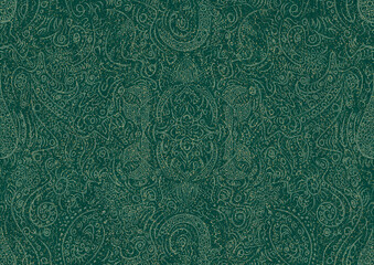 Hand-drawn unique abstract seamless ornament. Light green on a darker cold green background, with splatters of golden glitter. Paper texture. Digital artwork, A4. (pattern: p01a)