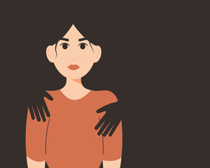 Strong woman with hands silhouette on her body. Concept of violence against woman, domestic abuse, mental health problems. Flat cartoon vector illustration with empty space for the text - obrazy, fototapety, plakaty