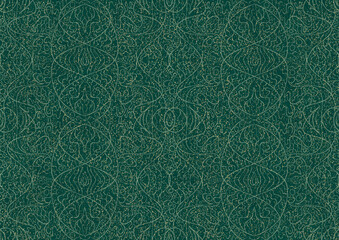 Hand-drawn unique abstract seamless ornament. Light green on a darker cold green background, with splatters of golden glitter. Paper texture. Digital artwork, A4. (pattern: p02-2b)