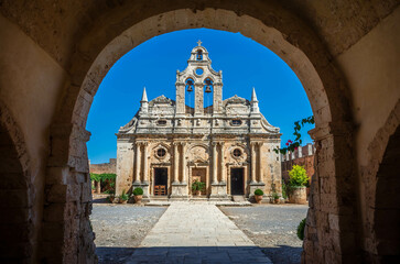 Fototapeta na wymiar Arkadi Monastery (in Greek Moní Arkadíou) is an Eastern Orthodox monastery, situated near Rethymno. It is one of the most historic monasteries on Crete.