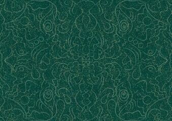 Hand-drawn unique abstract seamless ornament. Light green on a darker cold green background, with splatters of golden glitter. Paper texture. Digital artwork, A4. (pattern: p07-1a)