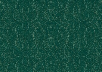 Hand-drawn unique abstract seamless ornament. Light green on a darker cold green background, with splatters of golden glitter. Paper texture. Digital artwork, A4. (pattern: p08-1b)