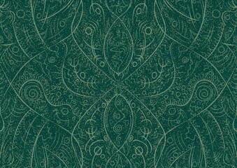 Hand-drawn unique abstract seamless ornament. Light green on a darker cold green background, with splatters of golden glitter. Paper texture. Digital artwork, A4. (pattern: p08-2a)