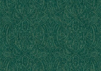 Hand-drawn unique abstract seamless ornament. Light green on a darker cold green background, with splatters of golden glitter. Paper texture. Digital artwork, A4. (pattern: p08-2b)