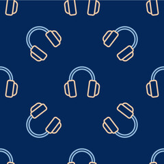 Line Headphones icon isolated seamless pattern on blue background. Earphones. Concept for listening to music, service, communication and operator. Vector