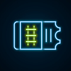 Glowing neon line Train ticket icon isolated on black background. Travel by railway. Colorful outline concept. Vector